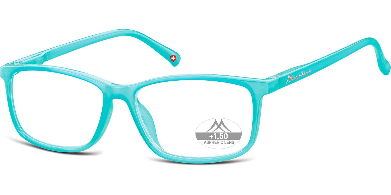 Turquoise bril met rechthoekige glazen. "ASPHERIC LENS +1.50" op een glas. "Montana" op de poot.