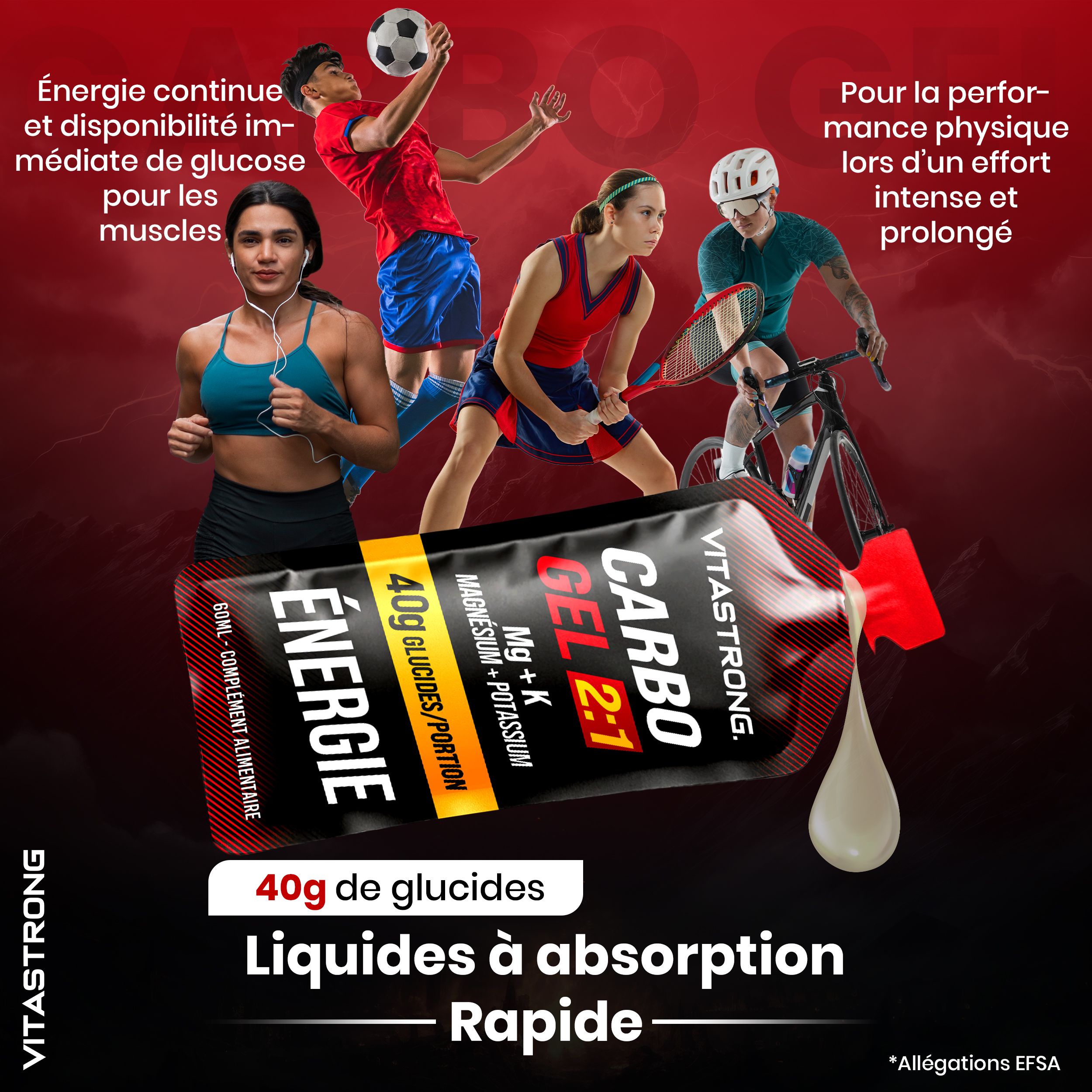 Vitastrong CARBO GEL 2:1 Energie gel. Enkele portie. Sporters in actie. Tekst: Vloeistoffen met snelle absorptie, 40g koolhydraten.