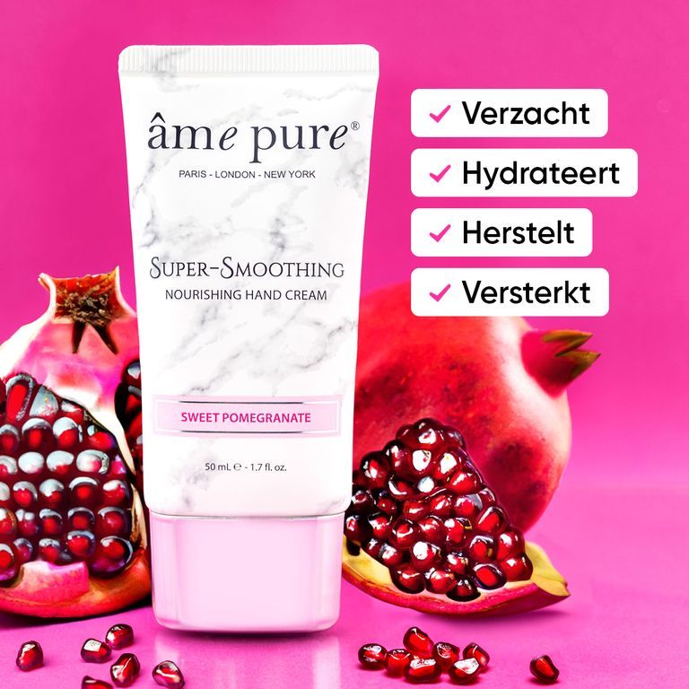 Handcrème tube met marmerpatroon, naast granaatappelhelften. Checklist met voordelen.