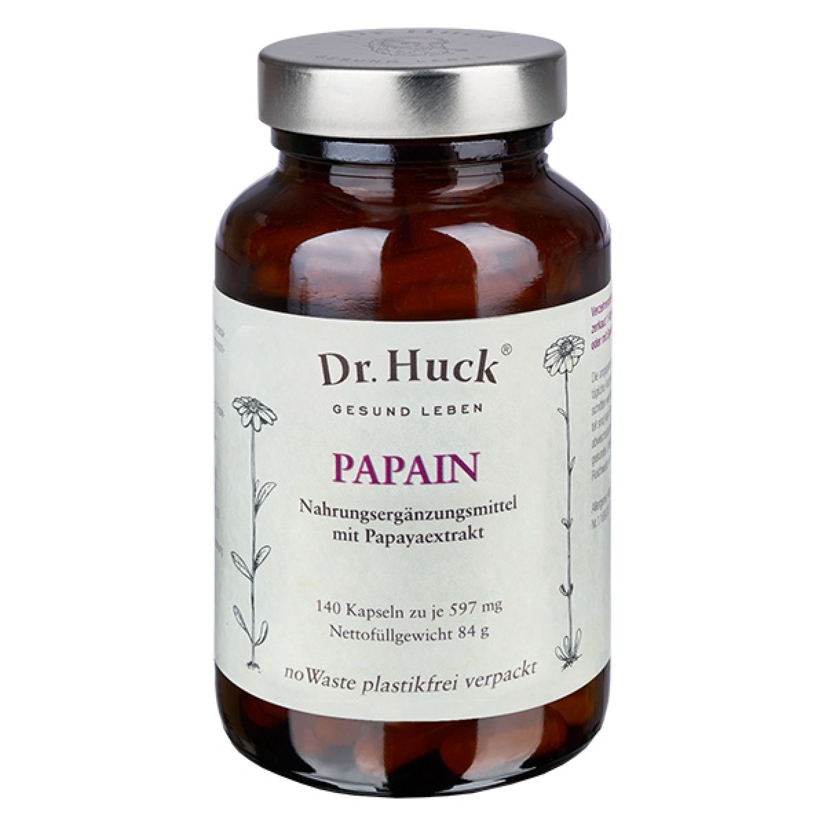 Bruine glazen fles met zilveren deksel. Etiket met Dr. Huck-logo en Papain-opschrift. Bevat 140 capsules.