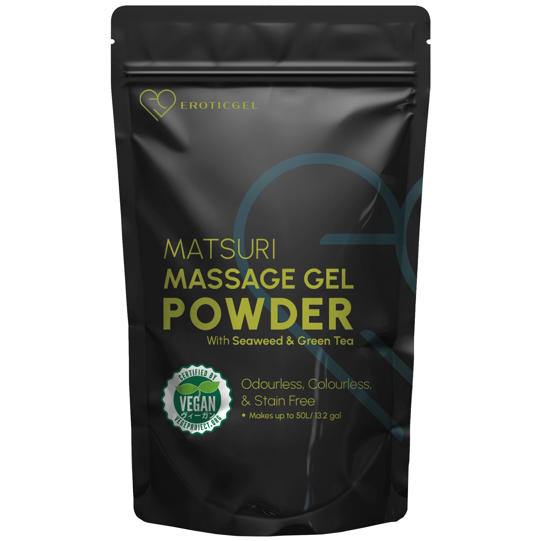 Sachet noir avec nom du produit MATSURI MASSAGE GEL POWDER. Label végan. Texte: Inodore, incolore et sans taches.