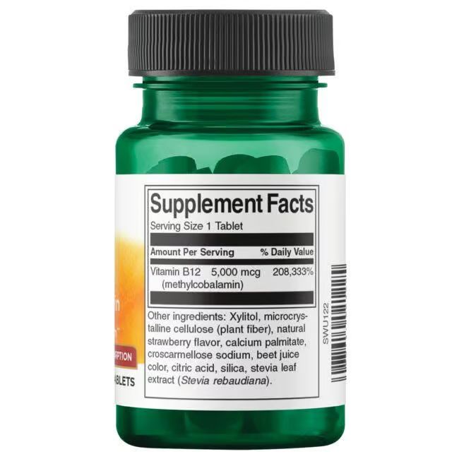 Dos de la bouteille verte. Étiquette avec informations nutritionnelles. Contient de la vitamine B12, 5 000 mcg. Autres ingrédients listés.