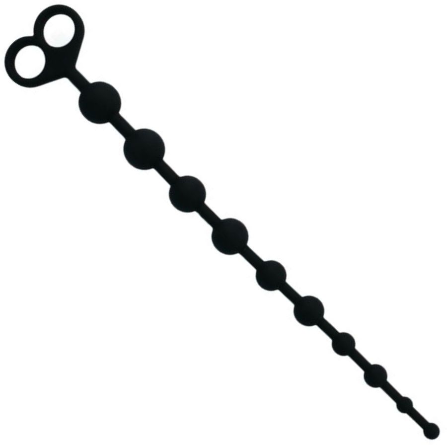 Chaîne de perles anales noire avec poignée en forme de cœur, sur fond blanc.