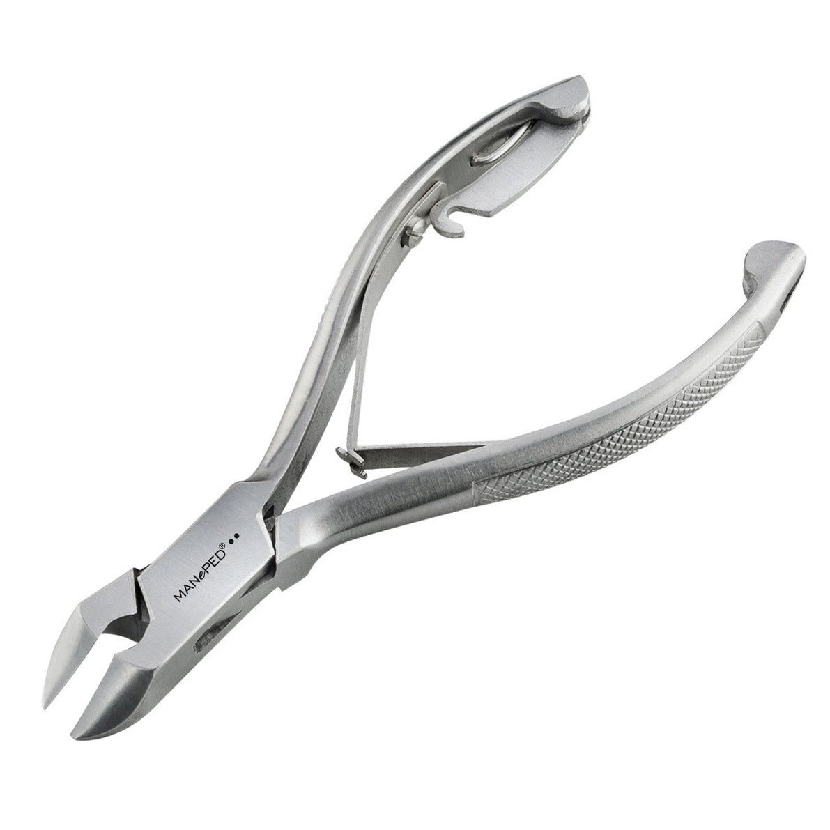 Pince à ongles en métal. Logo MANePed. Métal argenté, poignées striées. Design ergonomique avec levier.