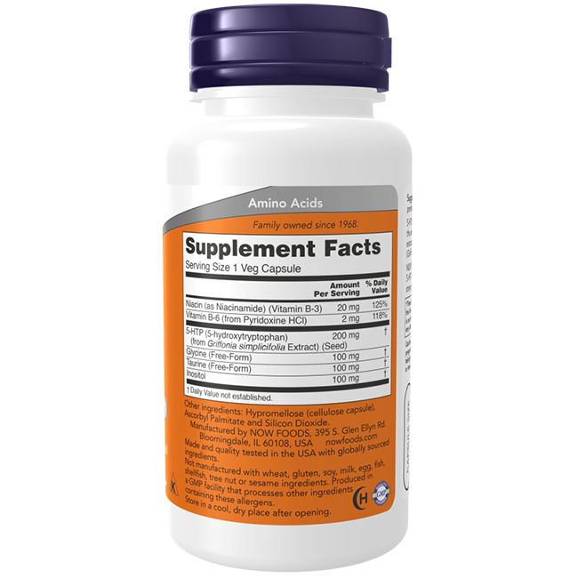 Flacon blanc avec bouchon violet. Étiquette avec informations nutritionnelles et ingrédients. Contient 5-HTP (Hydroxytryptophane).