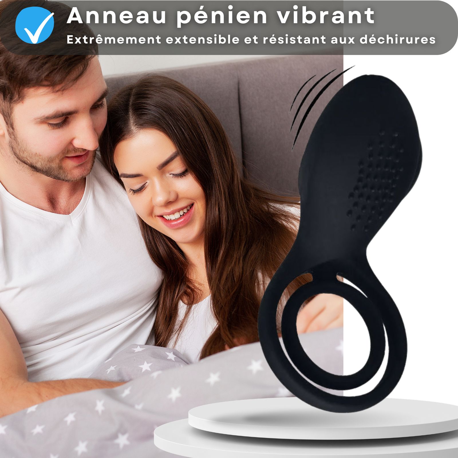 Anneau pénien vibrant. Texte: Extrêmement extensible et résistant.