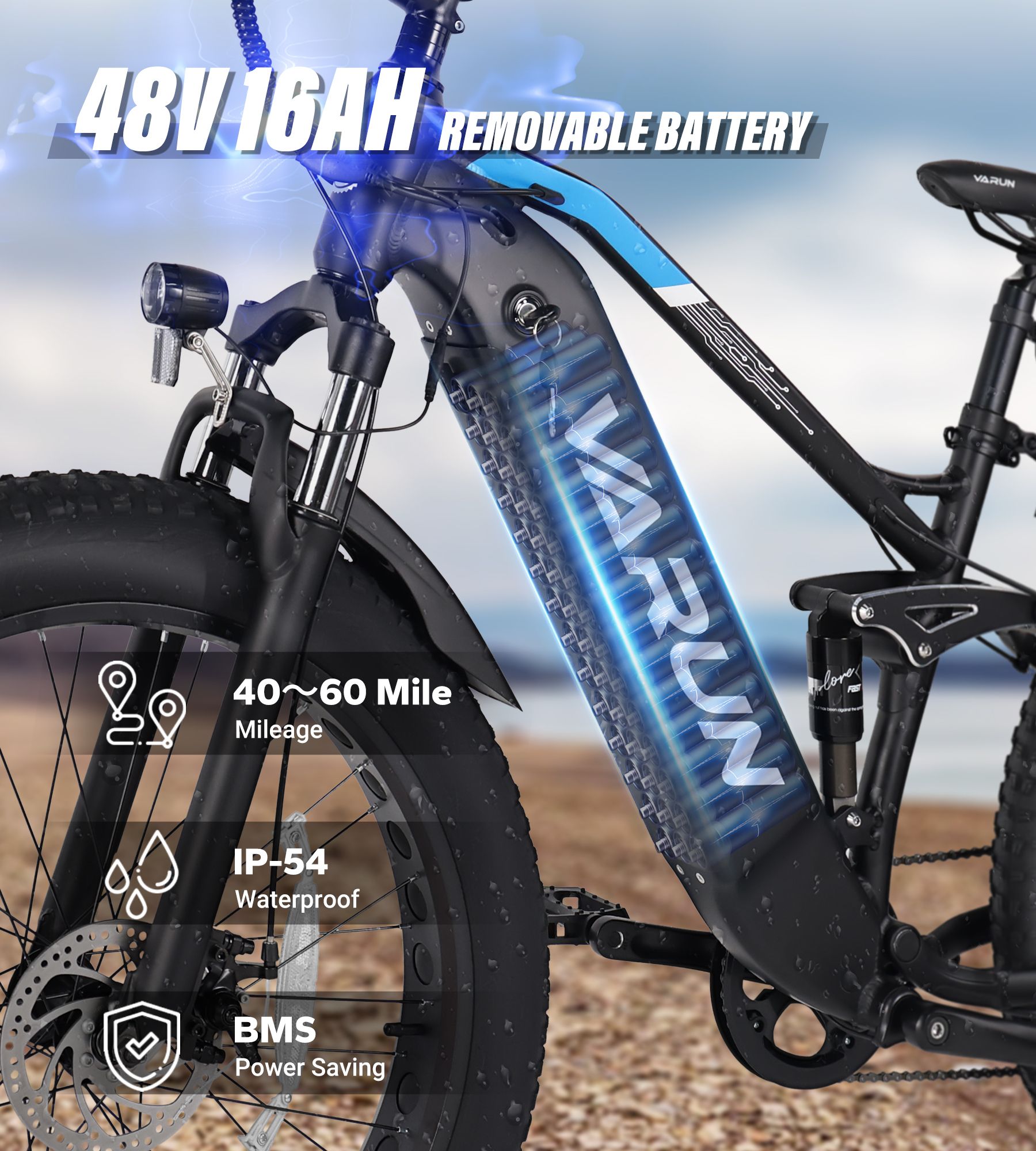 E-bike met 48V 16Ah batterij. Verwijderbare batterij. Bereik 40-60 mijl. IP-54 waterdicht. BMS.