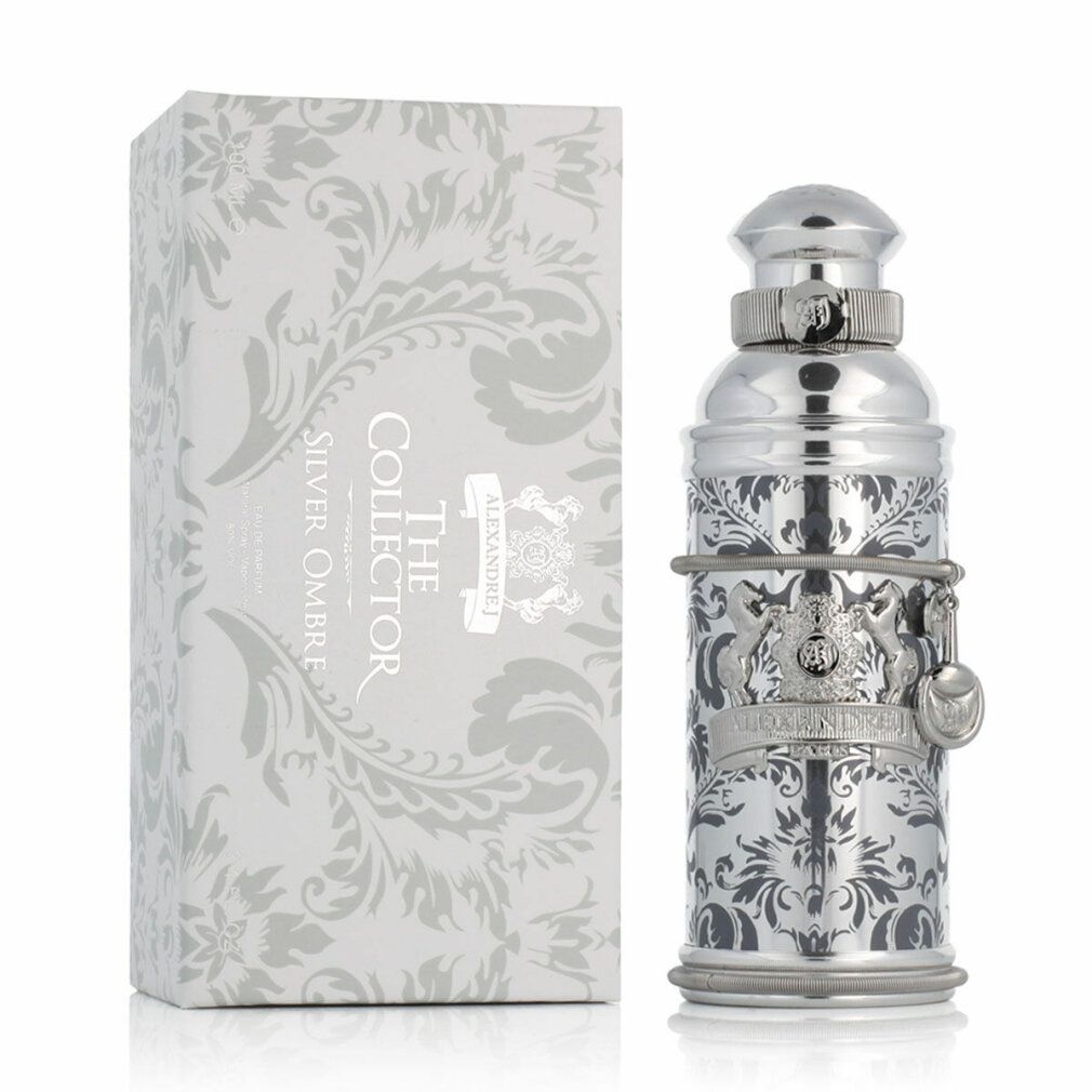 Flacon argenté et emballage. Flacon avec bouchon et ornements argentés. Emballage avec motif floral et texte.