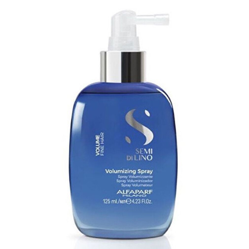 Flacon pulvérisateur bleu avec pompe argentée. Contient 125 ml de spray volumateur pour cheveux fins.