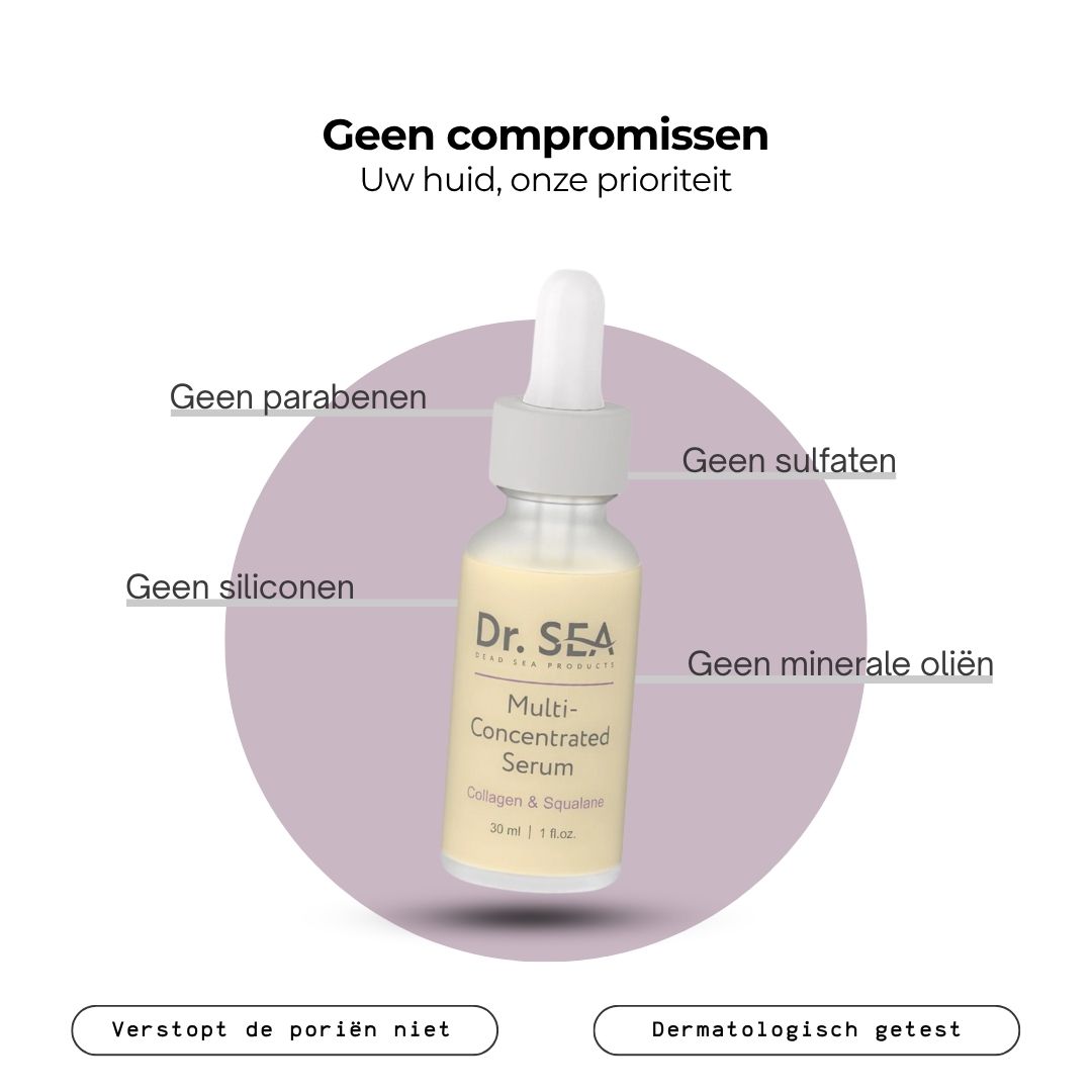 Serumflessen met tekst. Opschrift: Dr. SEA, Multi-Concentrated Serum, Collagen & Squalane. 30 ml | 1 fl.oz. Tekst over aanbevelingen.