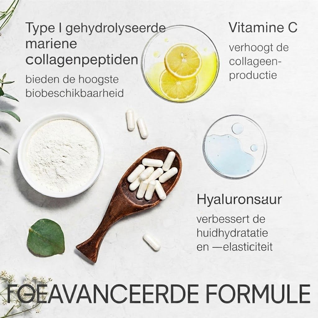 Collageenpeptiden, vitamine C en hyaluronzuur in capsules, poeder en vloeistof. Citroenschijfjes en bladeren ter decoratie.