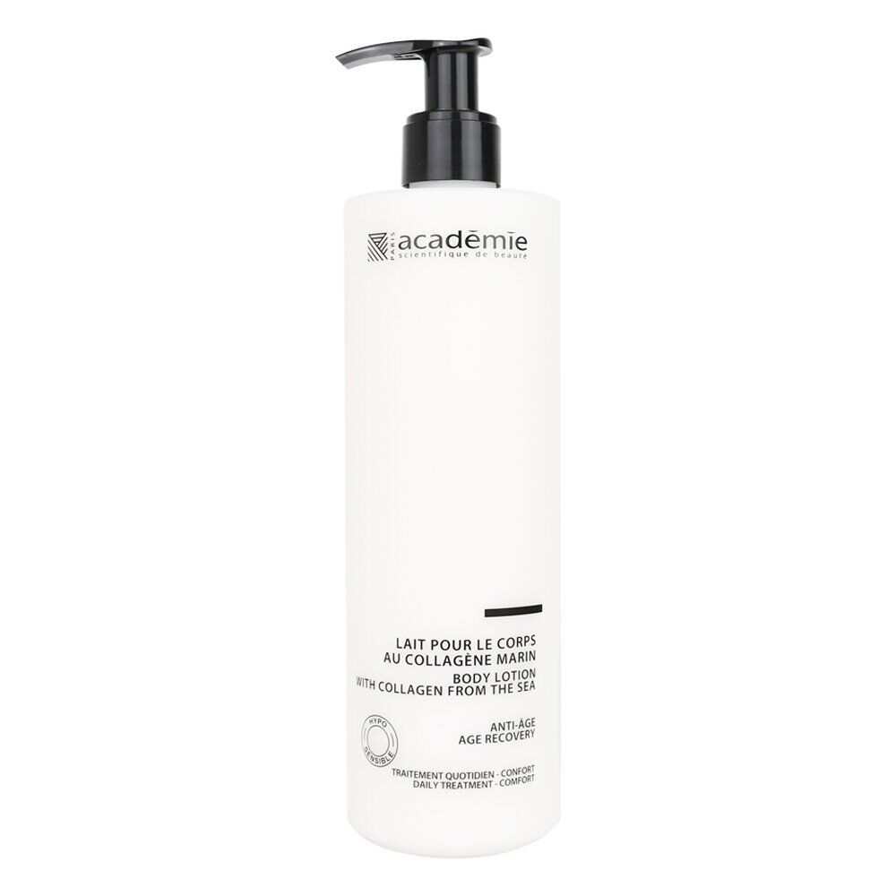 Flacon blanc avec pompe noire. Inscription: Académie, Lait pour le corps au collagène marin, Body Lotion, Collagen from the sea.