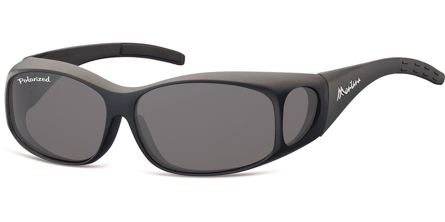 Surlunettes noires avec verres teintés gris. 'Montana' et 'Polarized' sont inscrits sur la monture.