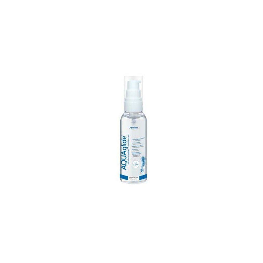Flacon transparent avec pompe blanche. Inscription: AQUAglide, gel lubrifiant médical. Avec logo et texte.