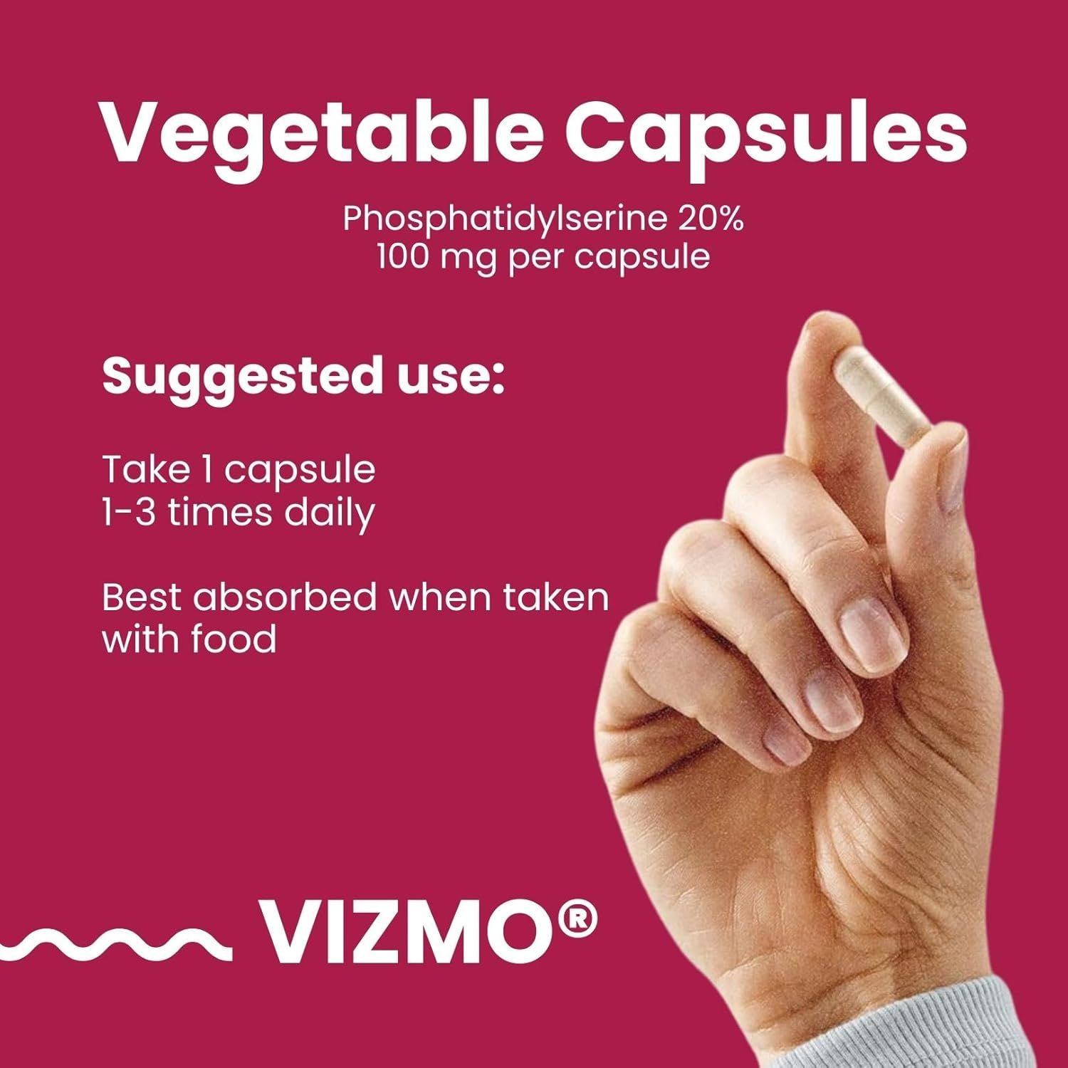 Main tenant une gélule. Texte: Phosphatidylserine 20%, 100 mg par gélule. Recommandations d'utilisation.