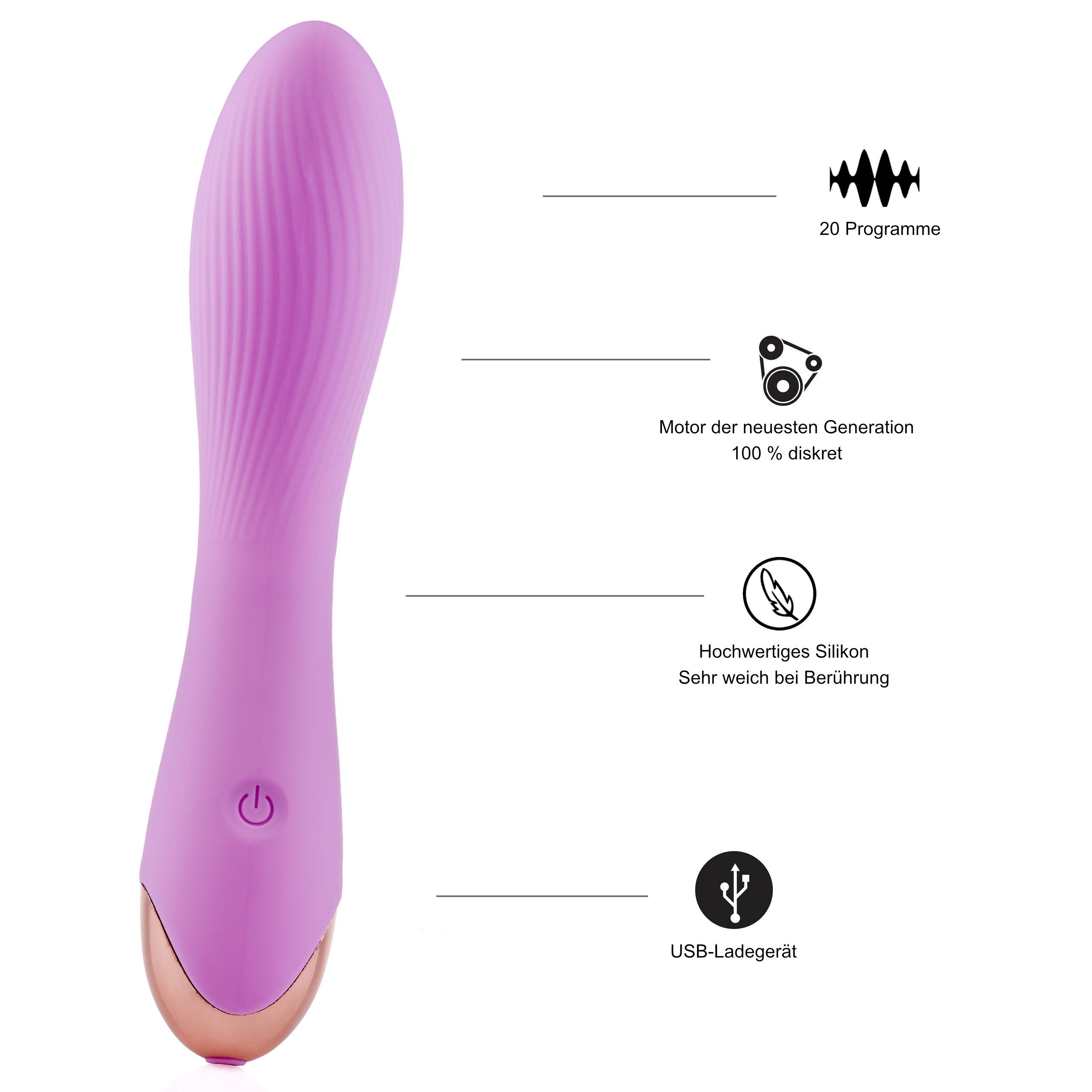Paarse vibrator met 20 programma's, nieuwe generatie motor, siliconen en USB-oplader icoon.