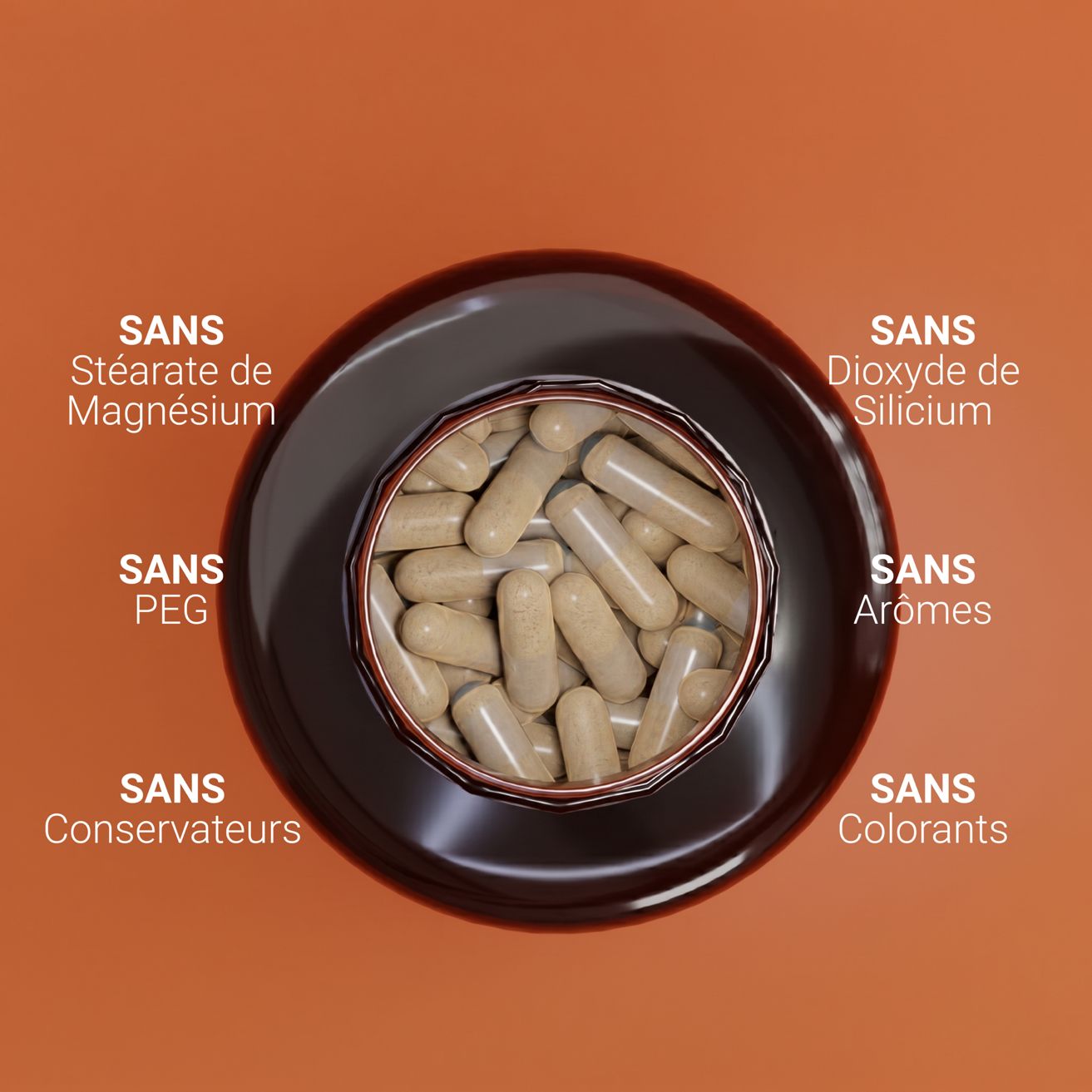 Capsules in een pot, vrij van magnesiumstearaat, PEG, conserveermiddelen, siliciumdioxide, aroma's en kleurstoffen.