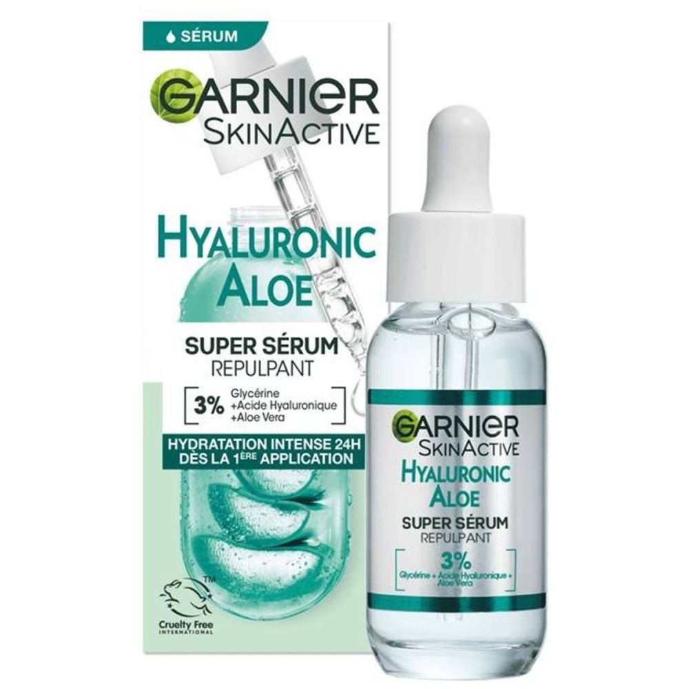 Flacon de sérum avec pipette et emballage. Inscription: Garnier SkinActive Hyaluron Aloe Super Sérum Repulpant. Contient 3% Glycérine, Acide Hyaluronique et Aloe Vera.