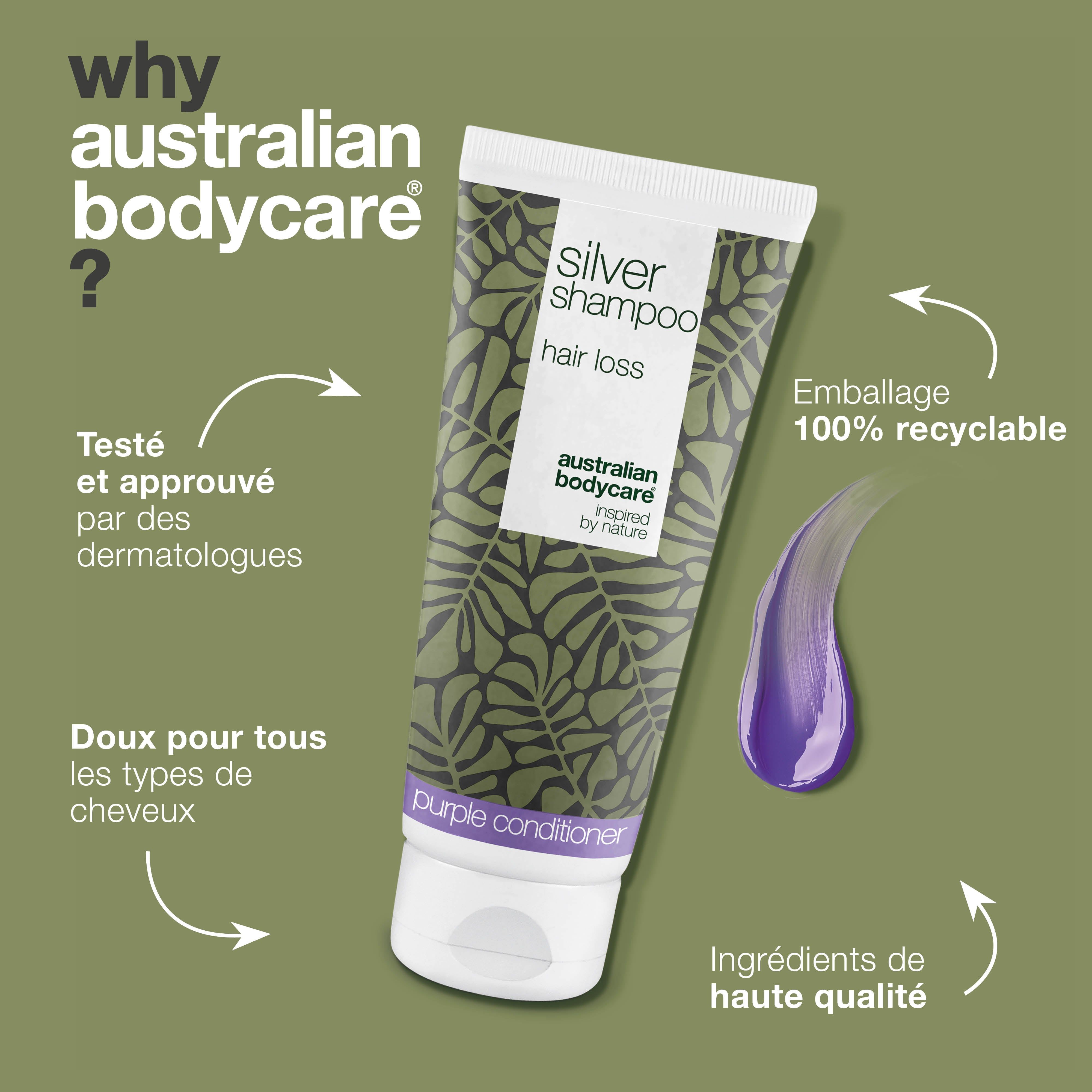 Tube de shampooing et texte. Texte : neutralise les tons jaunes, nourrit le cuir chevelu, renforce les cheveux. Marque : Australian Bodycare.