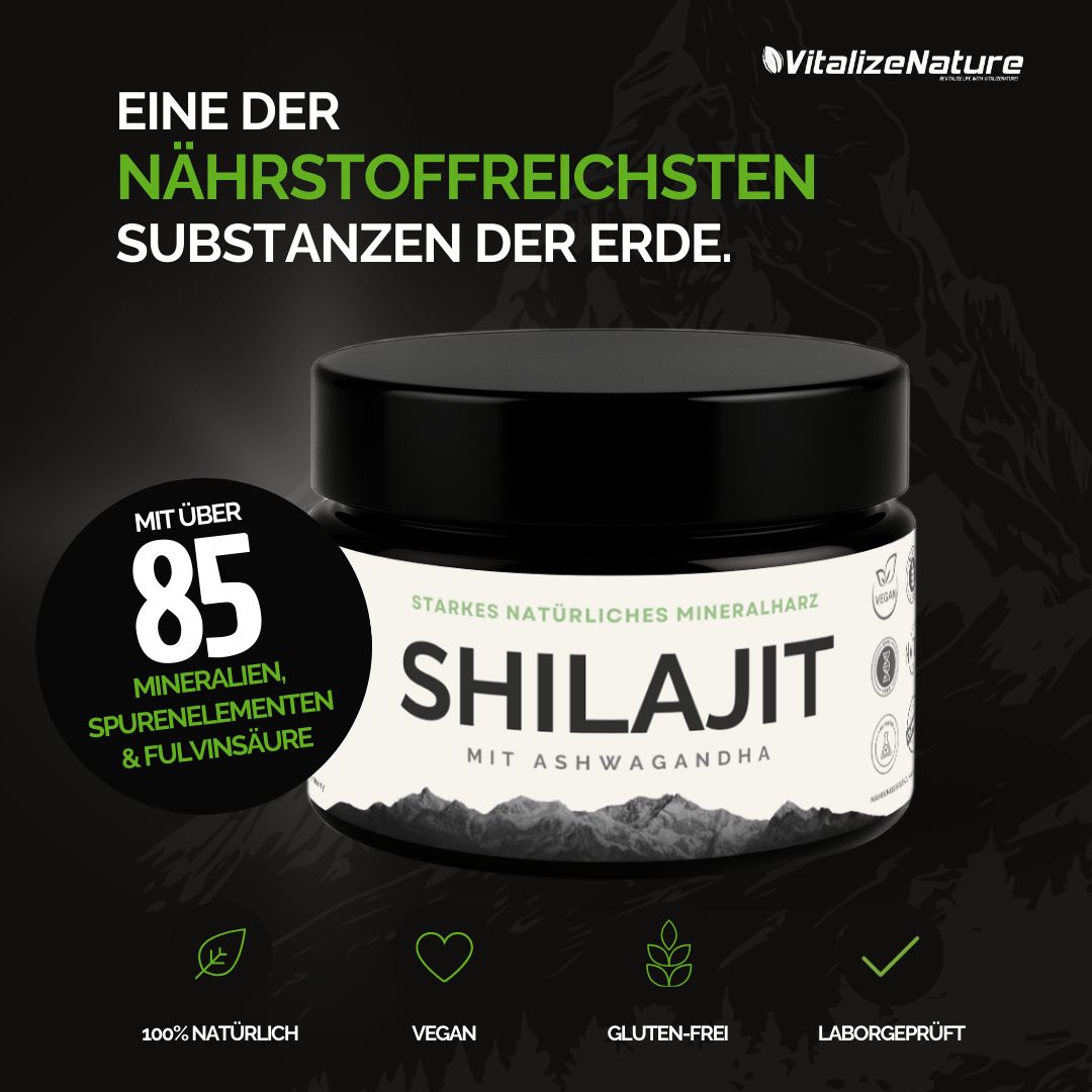Pot noir de Shilajit avec Ashwagandha. Plus de 85 minéraux, oligo-éléments et acide fulvique. Végétalien, sans gluten, testé.