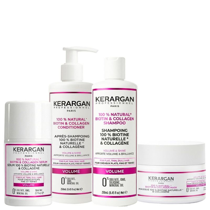 Set van vier Kerargan haarverzorgingsproducten. Bevat flessen en een pot met witte achtergrond en roze accenten. Bedrukking met productnamen en ingrediënten.