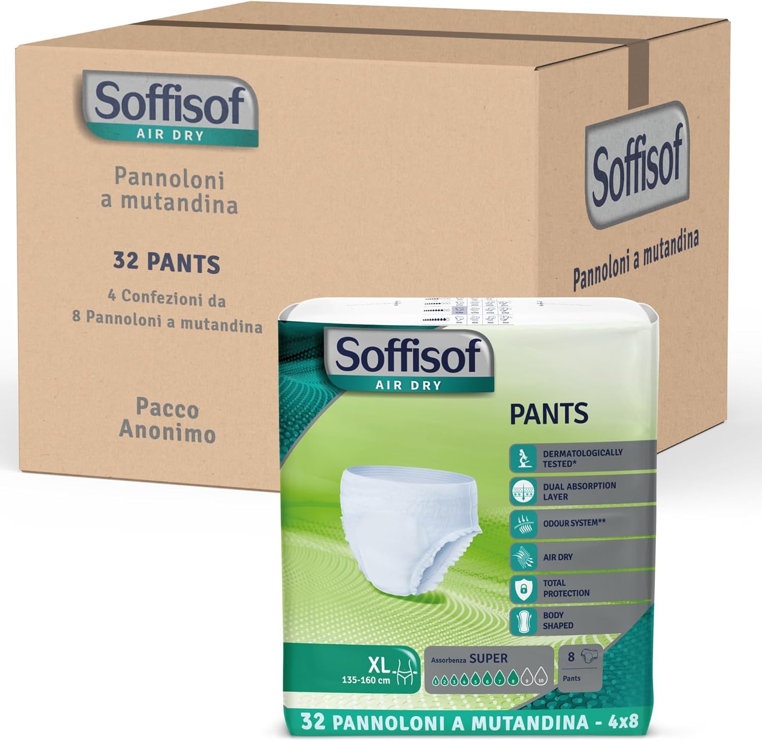 Soffisof Pants Super. Emballage carton. 32 pièces. Taille XL. Air Dry. Paquet anonyme.