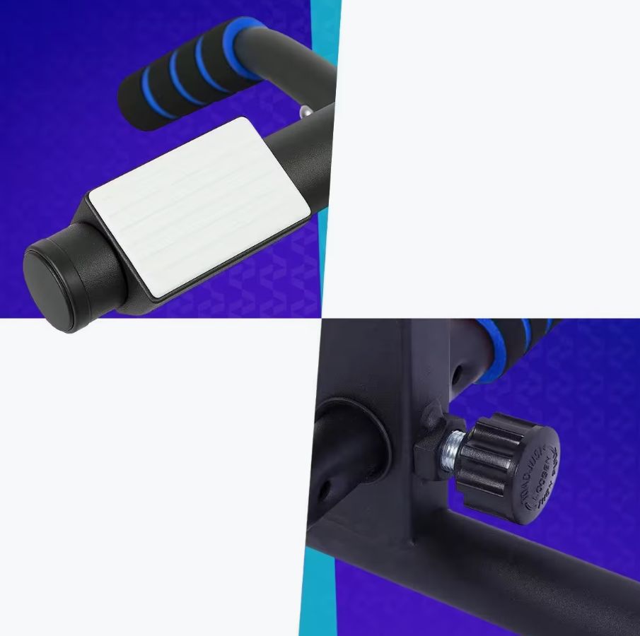 Gros plans sur les détails de la barre de traction : coussinets de fixation et vis de réglage.