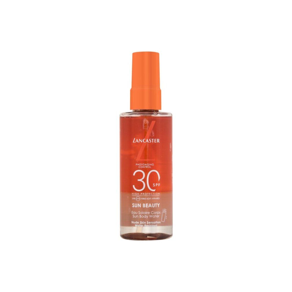 Flacon de spray pour le corps avec tête orange. Inscriptions: Lancaster, 30 SPF, Sun Beauty.