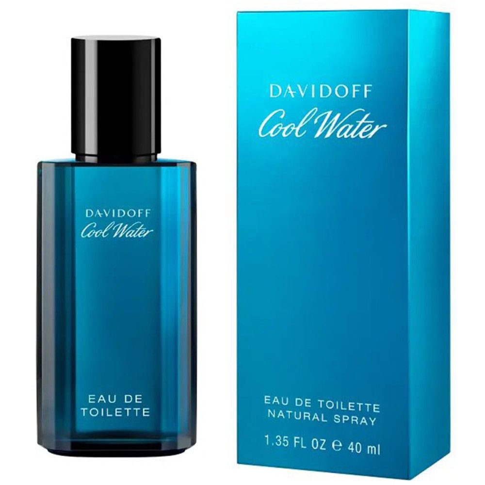 Flacon et emballage Davidoff Cool Water Eau de Toilette. Verre bleu, bouchon noir. Emballage avec logo et texte.