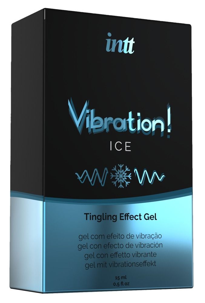 Zwarte verpakking met blauwe band. Opschrift: INTT, Vibration! ICE, Tingling Effect Gel. Bevat golf- en sneeuwvlokafbeeldingen.