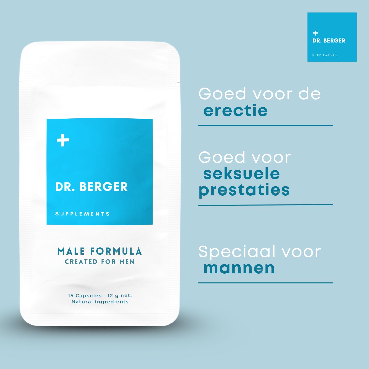 Witte verpakking met blauw vlak. Tekst: DR. BERGER, MALE FORMULA. Tekst ernaast: Stimuleert de erectie.