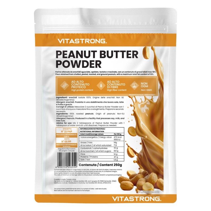 Sachet de Vitastrong Peanut Butter Powder. Texte : High Protein, High Fiber, Non-OGM. Contenu 250g. Cacahuètes et éclaboussures de beurre de cacahuète.