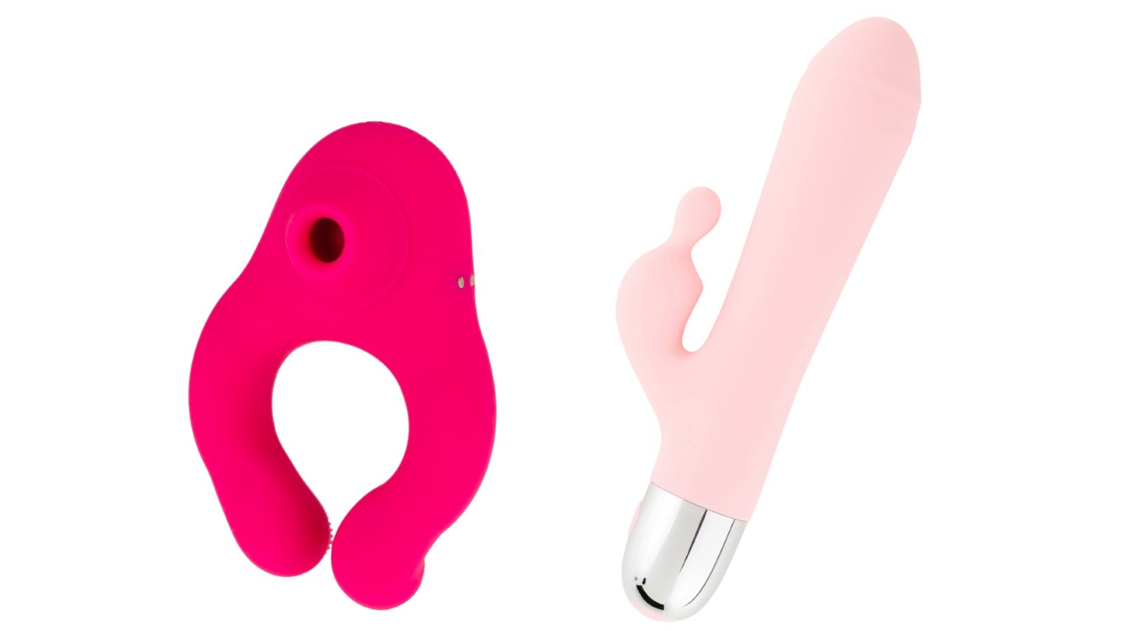 Deux jouets sexuels : un anneau rose et un vibromasseur rose avec accessoire. Tous deux en matériau souple. Formes différentes.