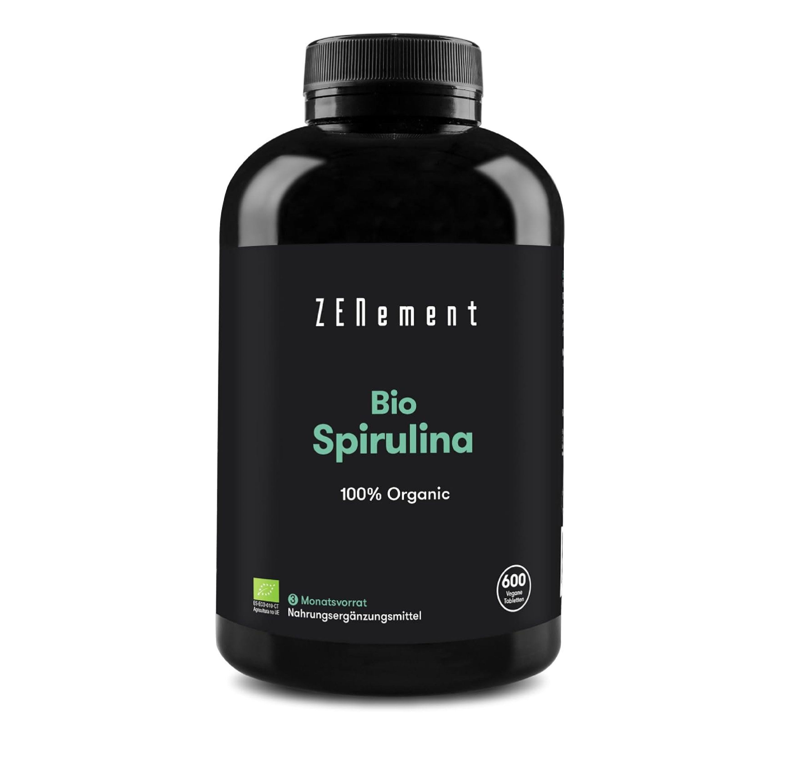 Flacon noir de Zenement Bio Spirulina. Inscription : Bio Spirulina, 100% Organic. 600 comprimés. Complément alimentaire.