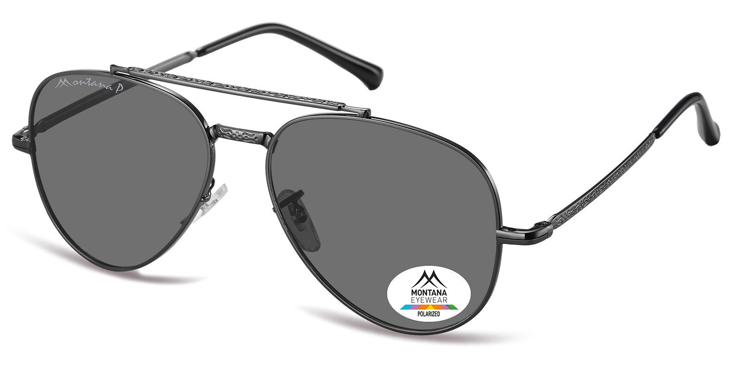 Lunettes de soleil aviateur gris foncé. Logo Montana Eyewear sur la lentille gauche et autocollant sur la droite. Verres polarisés.