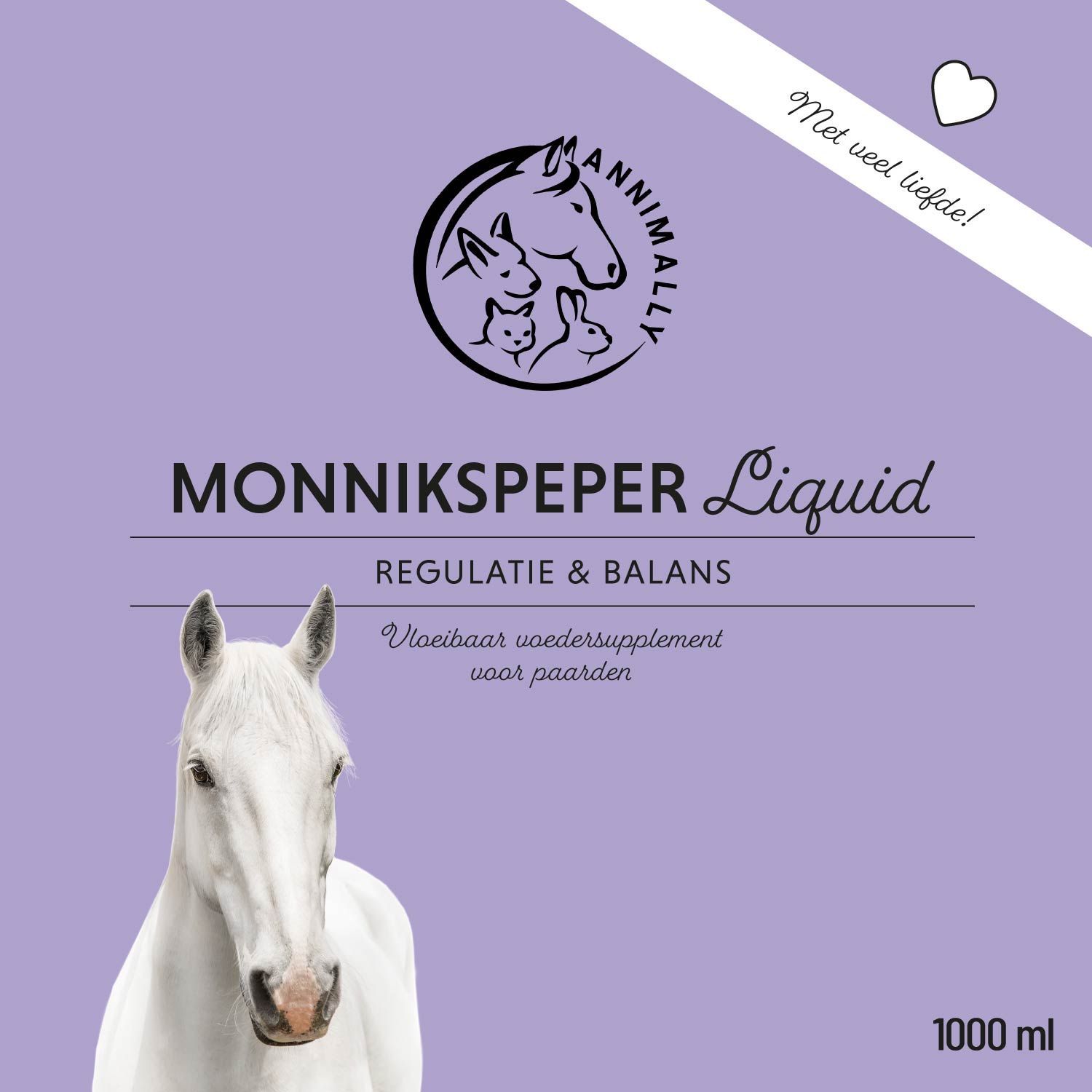 Paars etiket met Annimally Monnikspeper Liquid, paardenillustratie, productnaam en 1000 ml volume.