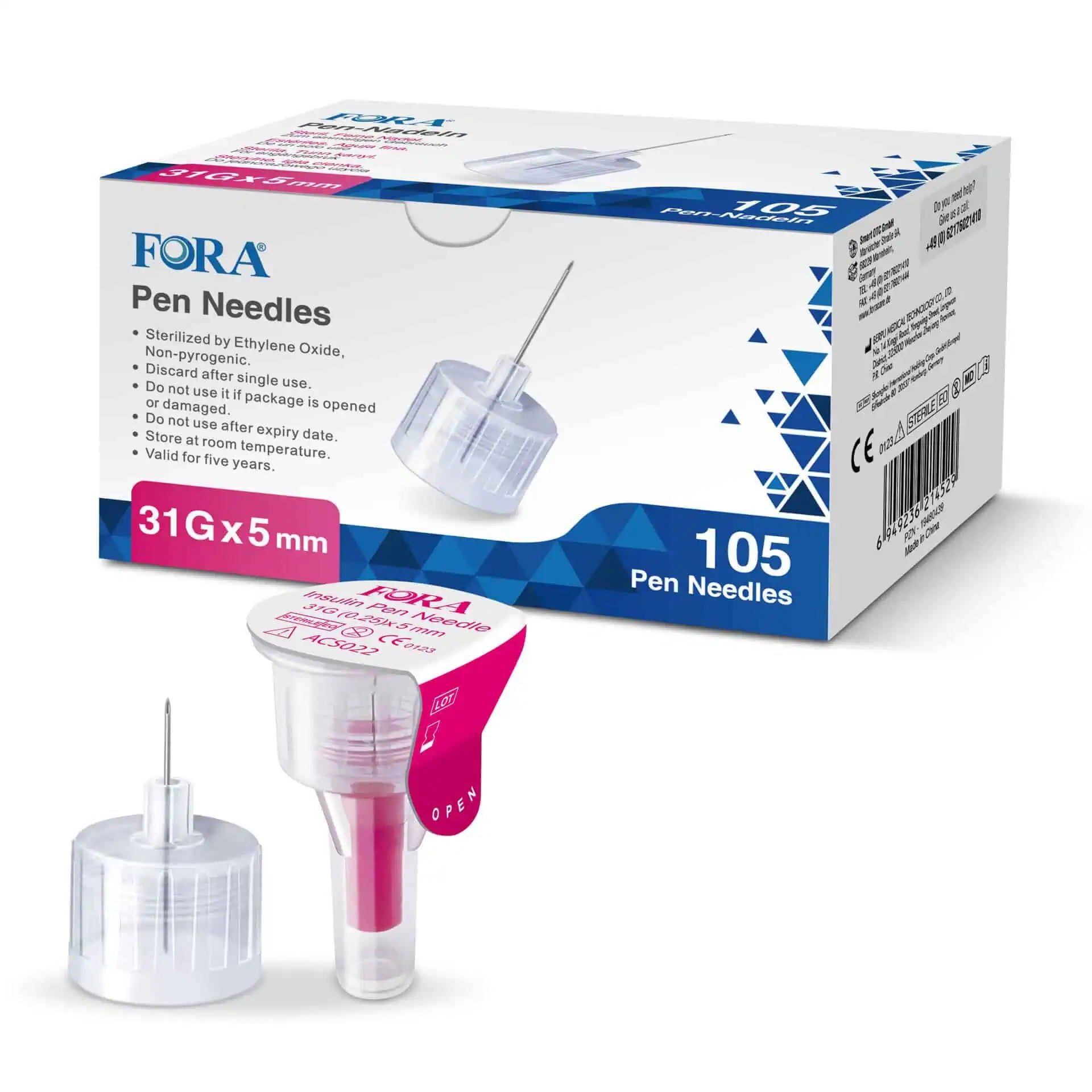 FORA Pennaalden 31G 5mm, 105 stuks. Gesteriliseerd, niet-pyrogeen. Individueel verpakt.