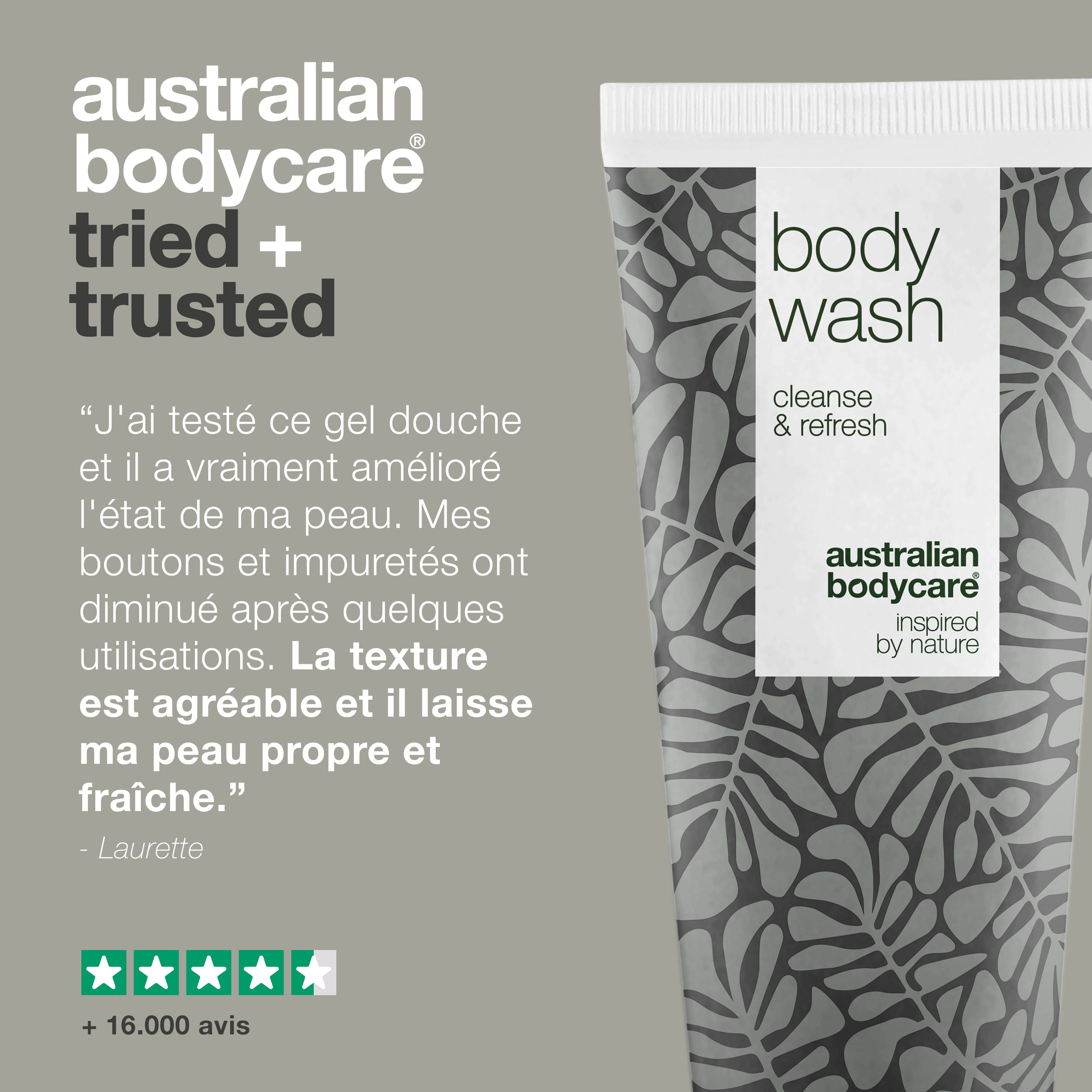 Australian Bodycare : testé et approuvé. Tube avec inscription "Body Wash". Marque : Australian Bodycare.