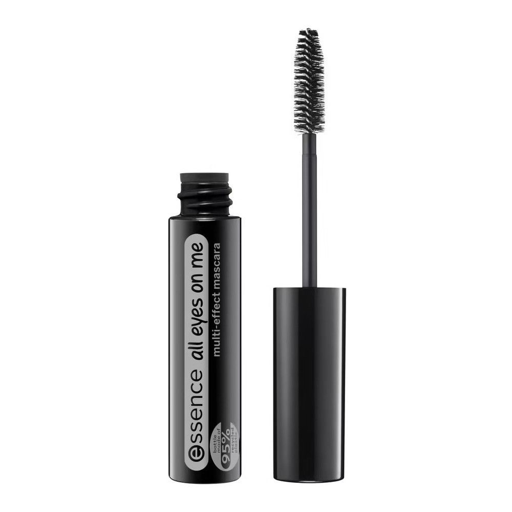 Zwarte mascara borstel en fles. Opschrift: essence all eyes on me multi-effect mascara. Borstel eruit.