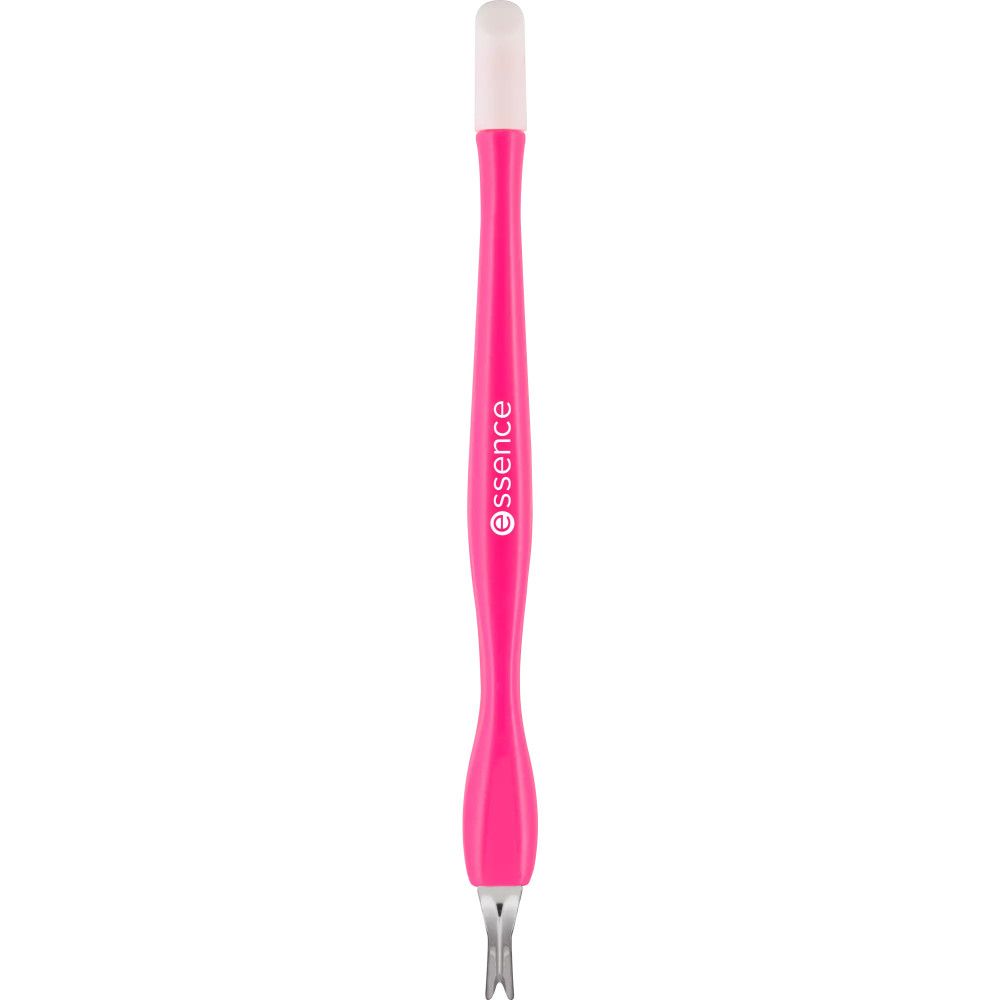 Coupe-cuticules, manche rose, lame métallique, pointe blanche. Logo Essence sur le manche.