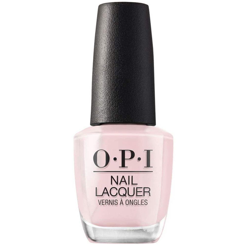 OPI nagellakfles. Roze lak, zwarte dop. Opschrift: OPI, NAIL LACQUER, Vernis à Ongles.