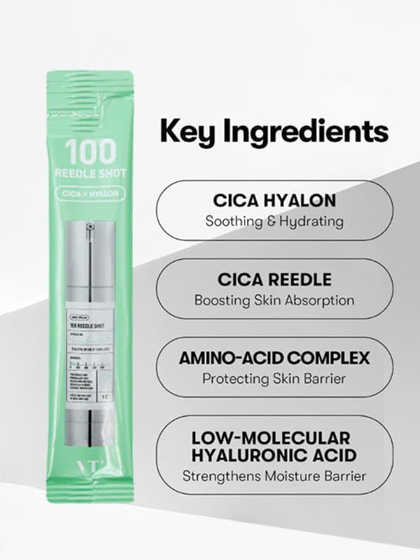 Individuele verpakking met productafbeelding en opschrift "100 Reedle Shot". Opschrift "Key Ingredients" en ingrediënten.
