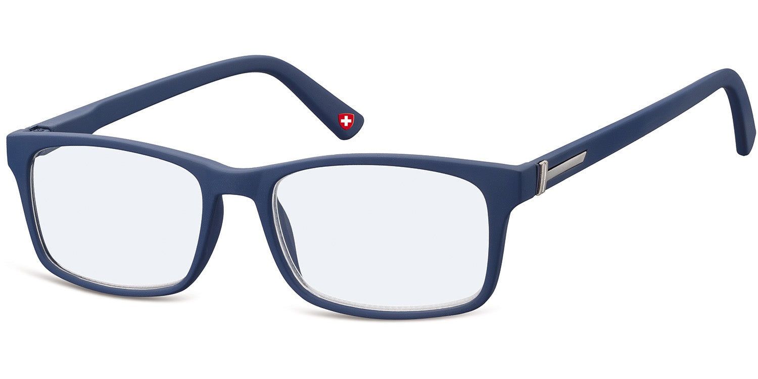 Lunettes bleues à verres rectangulaires. Croix rouge sur la branche. Accent métallique sur les charnières.