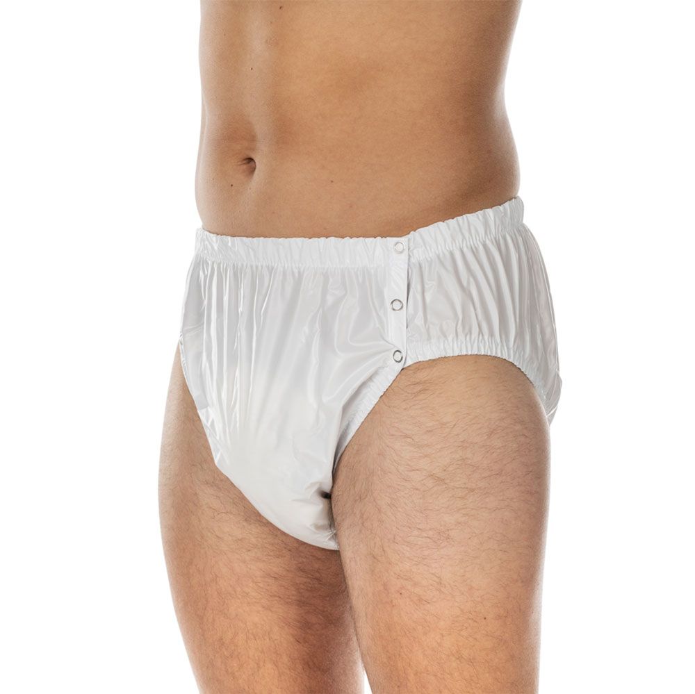 Slip en PVC blanc avec boutons. Vue latérale, taille élastique. Boutons pour la fermeture.