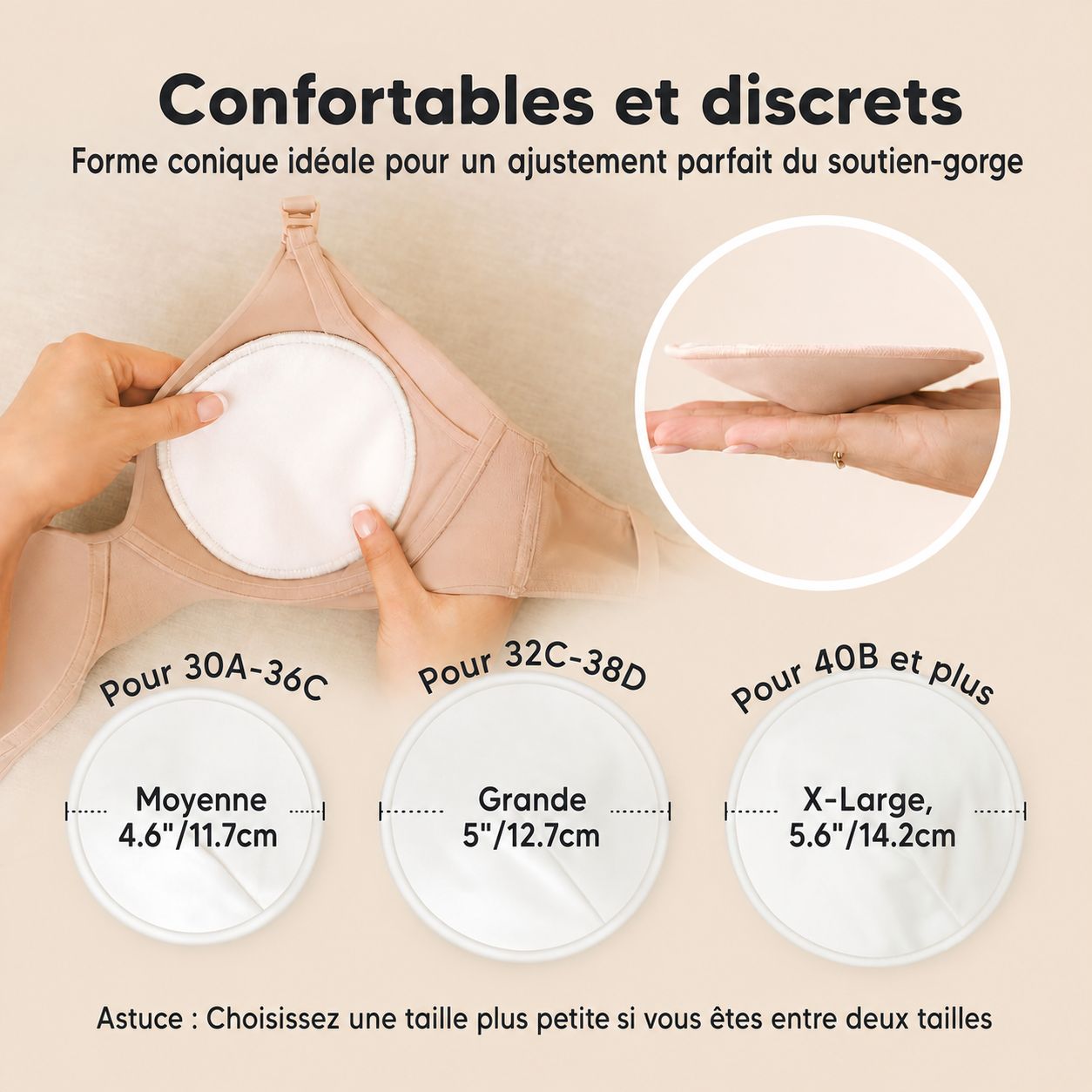 Trois paires de coussinets d'allaitement blancs et ronds, de 11,7 cm, 12,7 cm et 14,2 cm de diamètre.