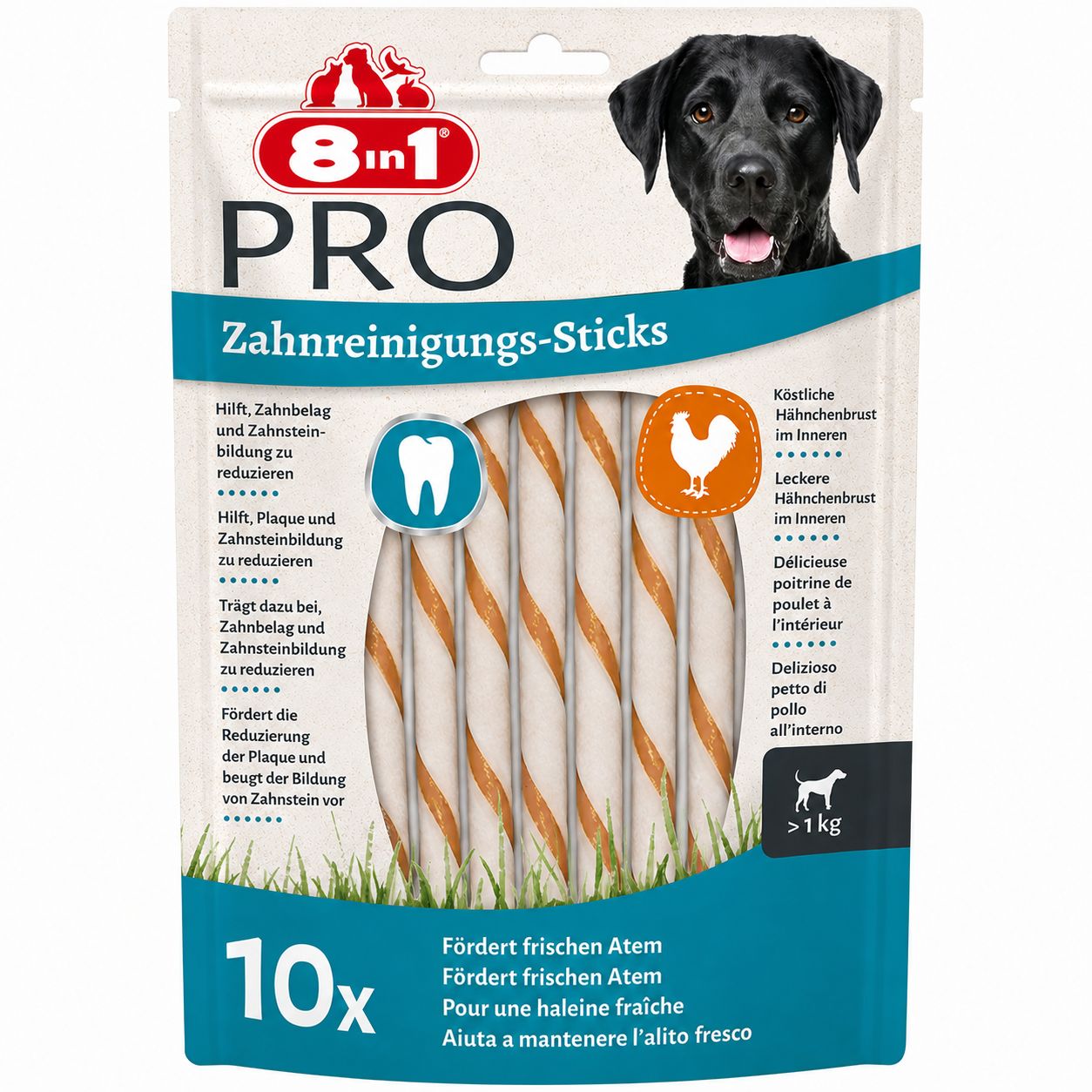 Verpakking van 8in1 Pro Dental Sticks met kip, 10 stuks, ter vermindering van tandplak.