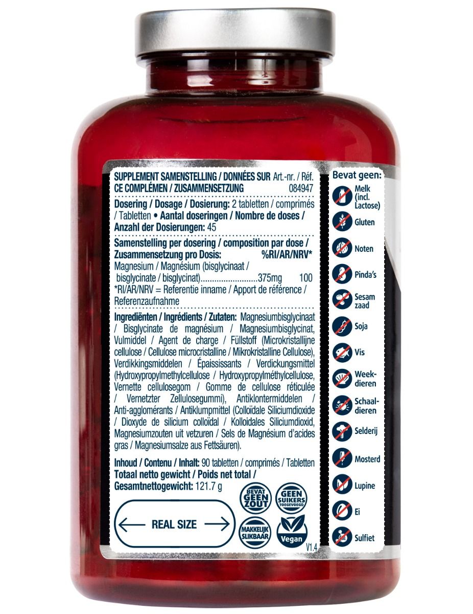 Achterkant van een rode fles. Tekst met voedingswaarde, ingrediënten en allergenen informatie. Bevat Vegan en Glutenvrij keurmerken.