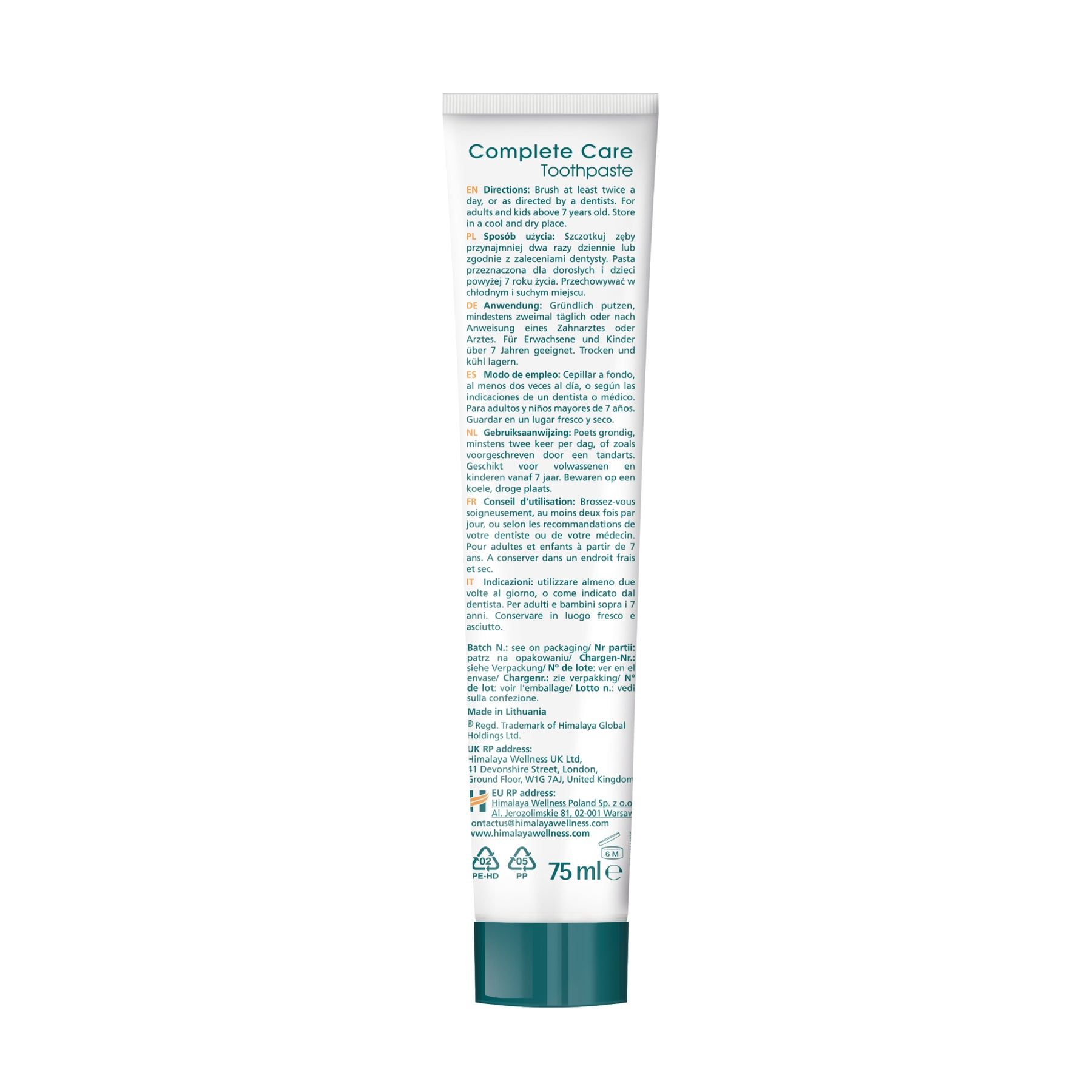 Himalaya Botanique Complete Care tandpastatube, 75ml, met informatie.