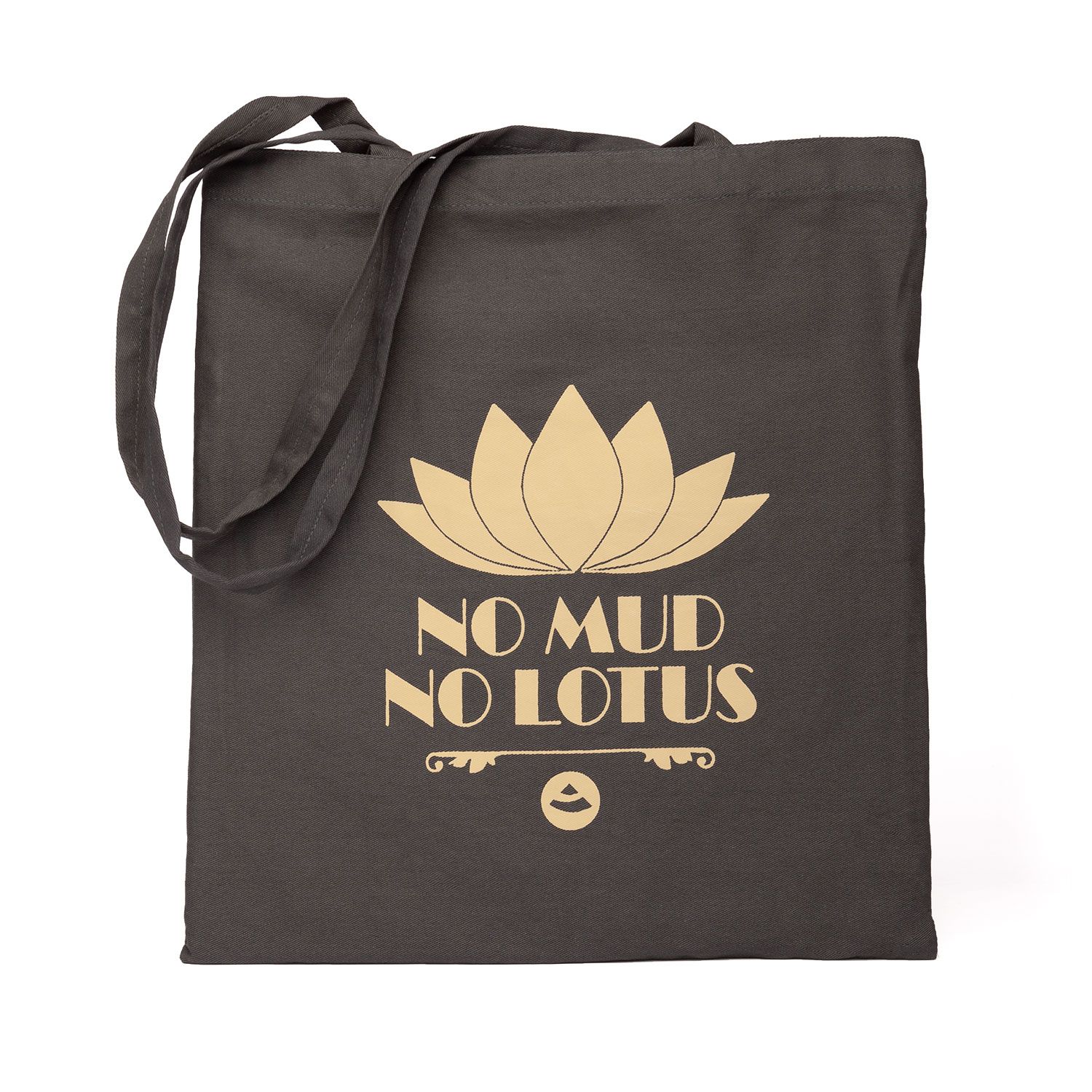 Donkergrijze katoenen tas met gouden lotusbloemdesign en tekst "No Mud No Lotus". Twee handvatten.