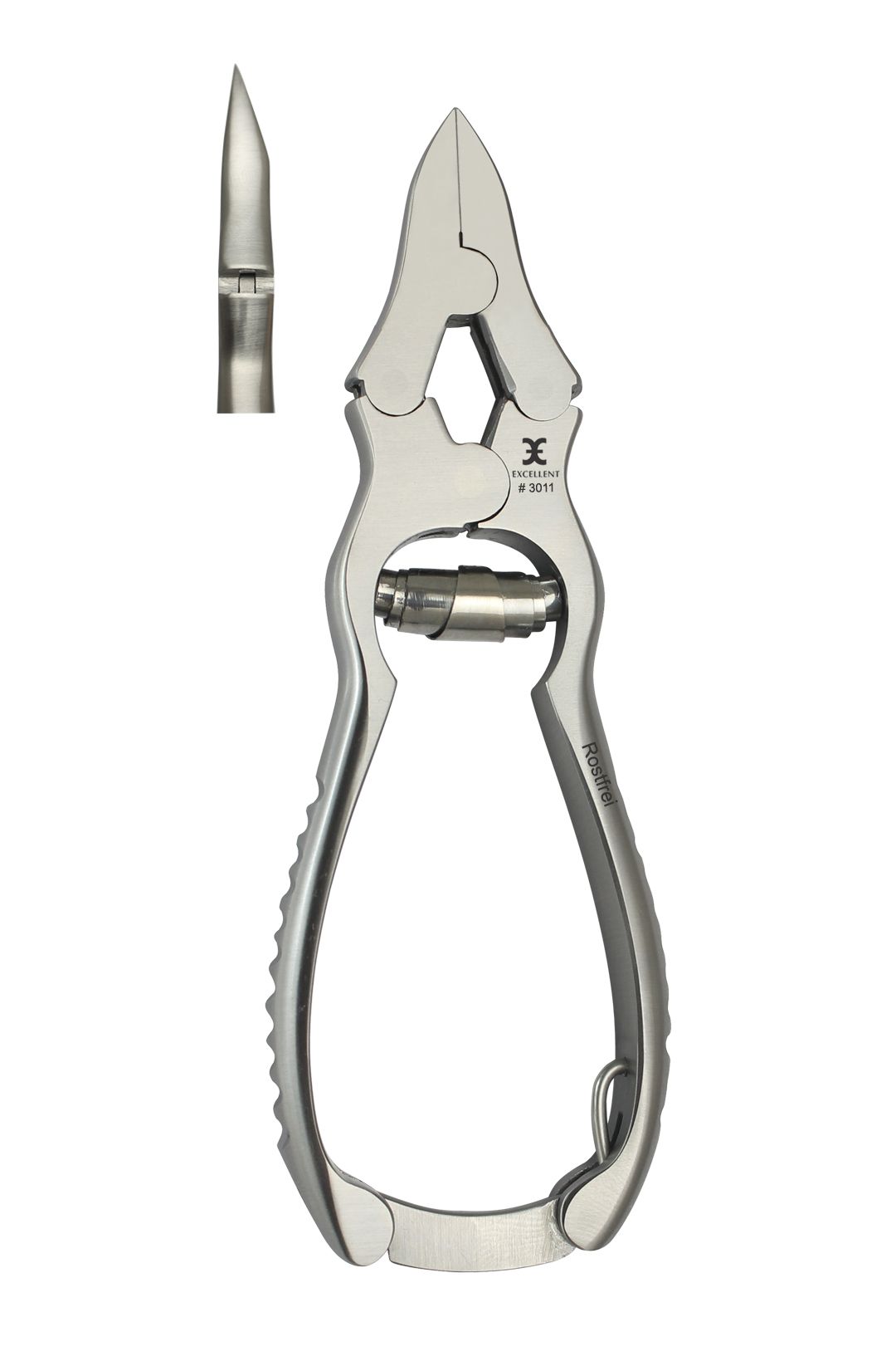 Roestvrijstalen nagelknipper. Ergonomische handgreep, roestvrij. Close-up van de snijkant. Merk en modelnummer zichtbaar.